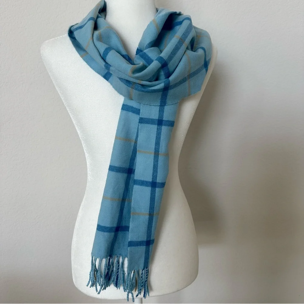 100% Cashmere Mens Scarf Made In Scotland Light Blue Tan Plaid Fringed 63” Lux